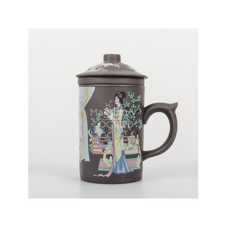 Cană ceramică cu infuzor cu motiv Geisha - maro
