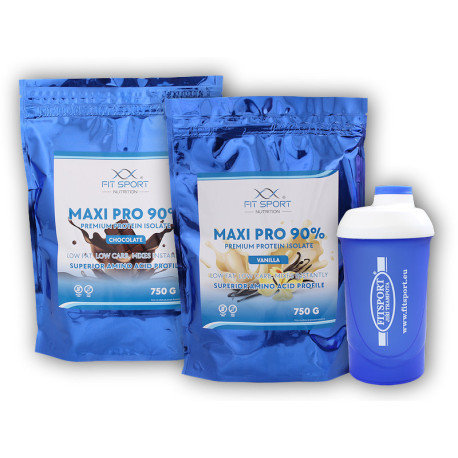 2x Maxi Pro 90% 750g + Fitsport Shaker - Ciocolată Albă cu Nucă de Cocos