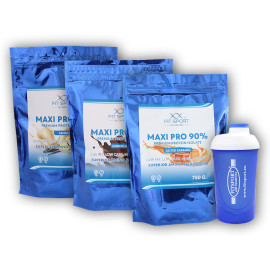 3x Maxi Pro 90% 750g + shaker Fitsport - ciocolată